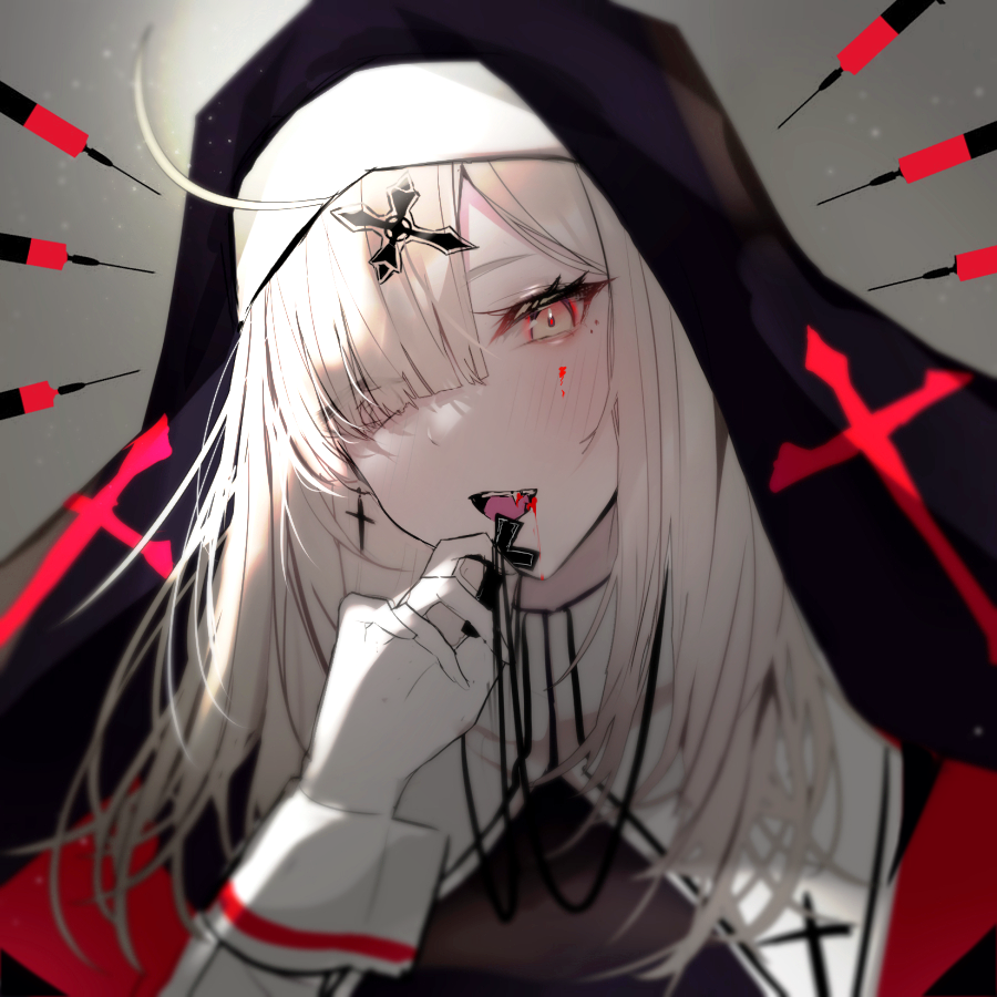 ahoge, blonde_hair, cross, cross_earrings, cross_hair_ornament, cross_necklace, cross_print, earrings