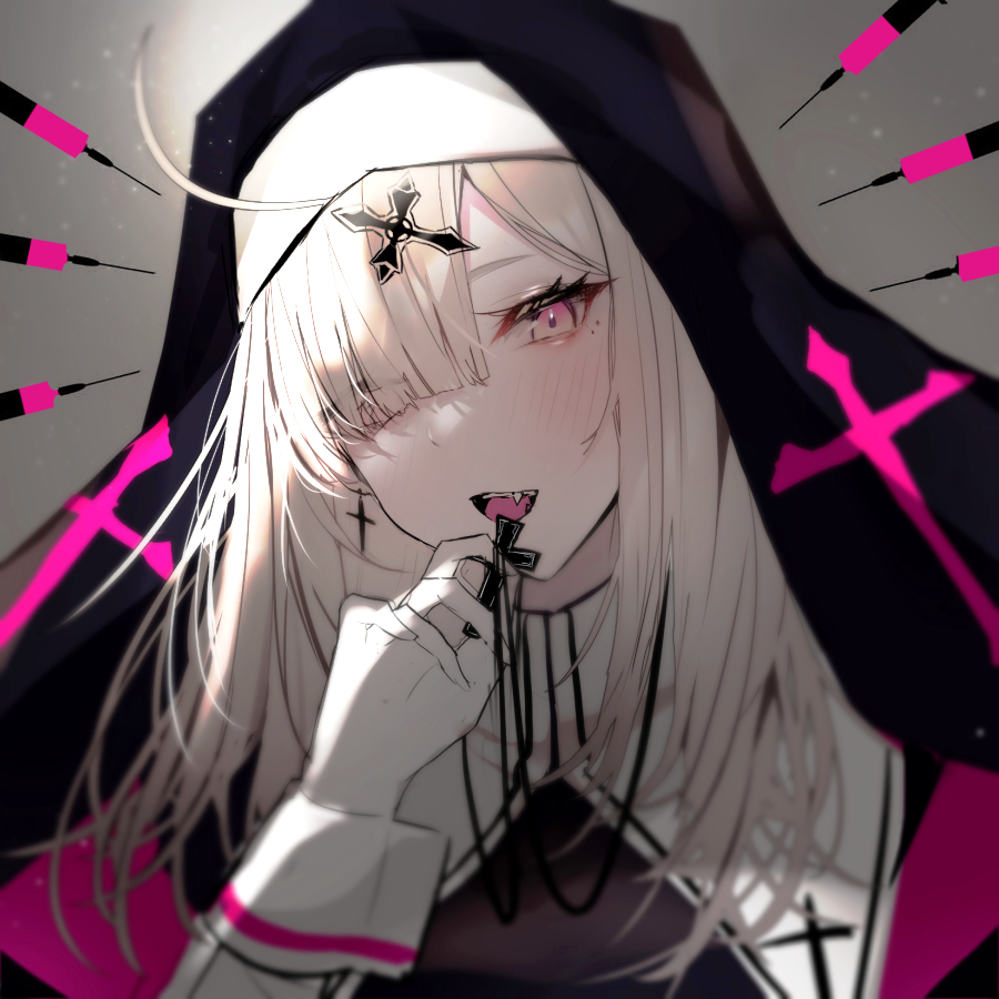ahoge, blonde_hair, cross, cross_earrings, cross_hair_ornament, cross_necklace, cross_print, earrings