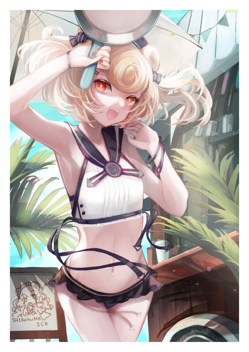 1girl, animal_ears, arknights, bikini, bikini_bottom, black_swimsuit, blonde_hair, border