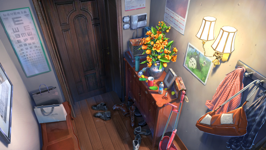 american_flag, bag, bench, boots, bottle, broom, calendar_(object), clothes_hanger, cup, door, dustpan, eye_chart, flower, foyer, hat, highres, indoors, intercom, kusakabe_mei, kusakabe_satsuki, lamp, no_humans, original, picture_(object), picture_frame, plaid, plaid_shirt, poster_(object), reflection, scenery, scissors, shirt, shoes, sneakers, thermos, tonari_no_totoro, totoro, vase, water_bottle, wooden_floor, xingzhi_lv
