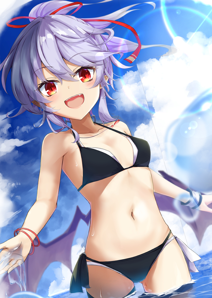 1girl, akisome_hatsuka, alternate_costume, alternate_hairstyle, bangle, bat_wings, bikini, blue_bikini