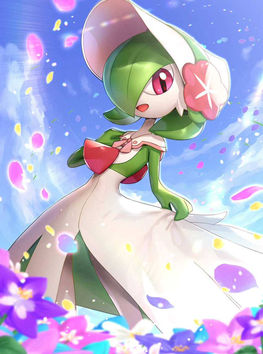 absurdres, alternate_costume, blue_sky, bonnet, colored_skin, dress, flower, gardevoir, gen_3_pokemon, gonzarez, green_hair, hand_on_own_chest, highres, holding, holding_clothes, holding_dress, looking_at_viewer, no_humans, open_mouth, petals, pokemon_unite, red_eyes, sky, slit_pupils, white_skin
