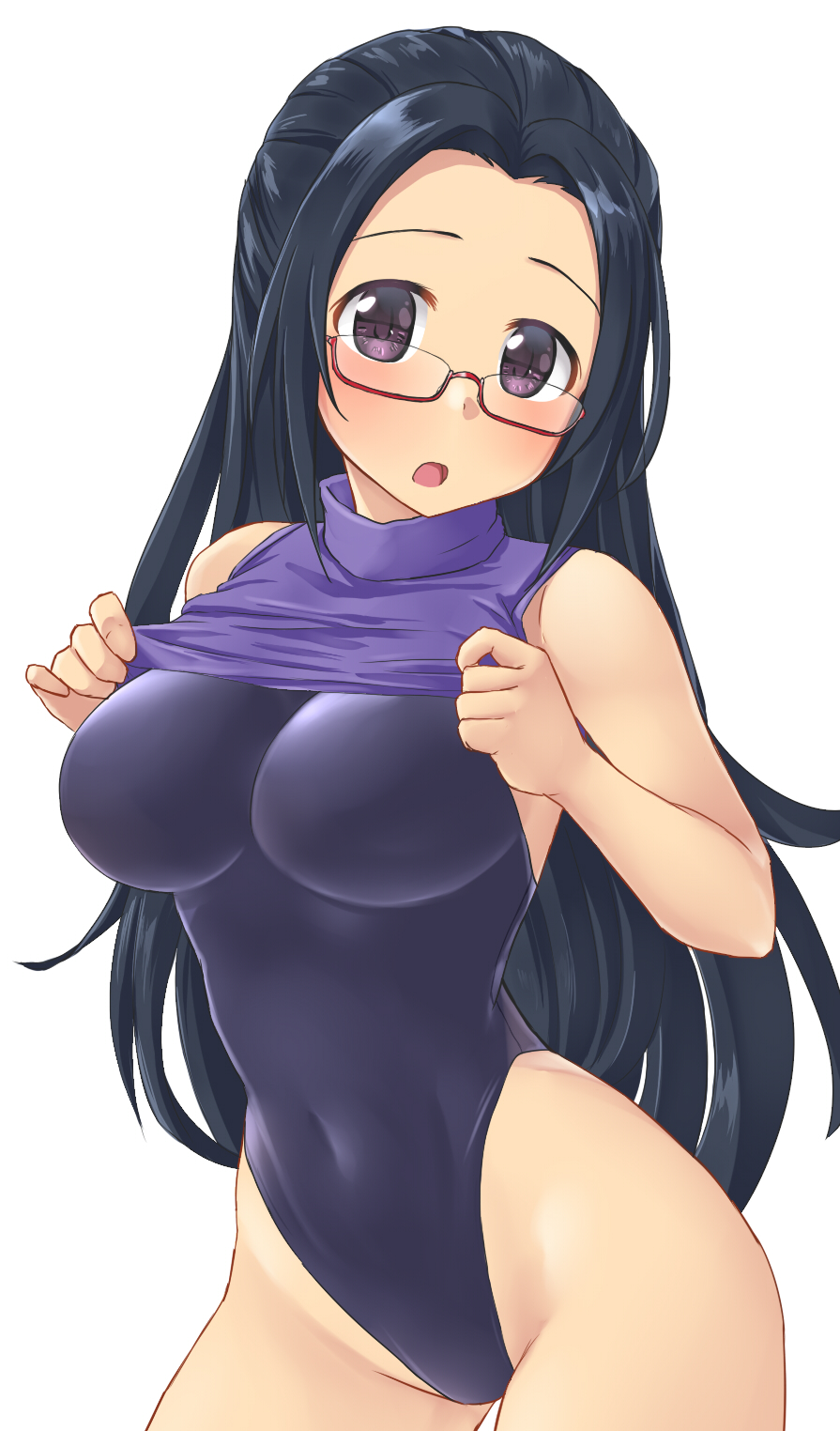 1girl, aimobake, bad_id, bad_twitter_id, bespectacled, black_hair, black_swimsuit, breasts, clothes_lift, commentary_request, covered_navel, cowboy_shot, egami_tsubaki, glasses, head_tilt, highleg, highleg_swimsuit, highres, idolmaster, idolmaster_cinderella_girls, large_breasts, lifted_by_self, long_hair, looking_at_viewer, one-piece_swimsuit, open_mouth, purple_shirt, red-framed_eyewear, semi-rimless_eyewear, shirt, shirt_lift, simple_background, solo, standing, swimsuit, turtleneck, under-rim_eyewear, violet_eyes, white_background