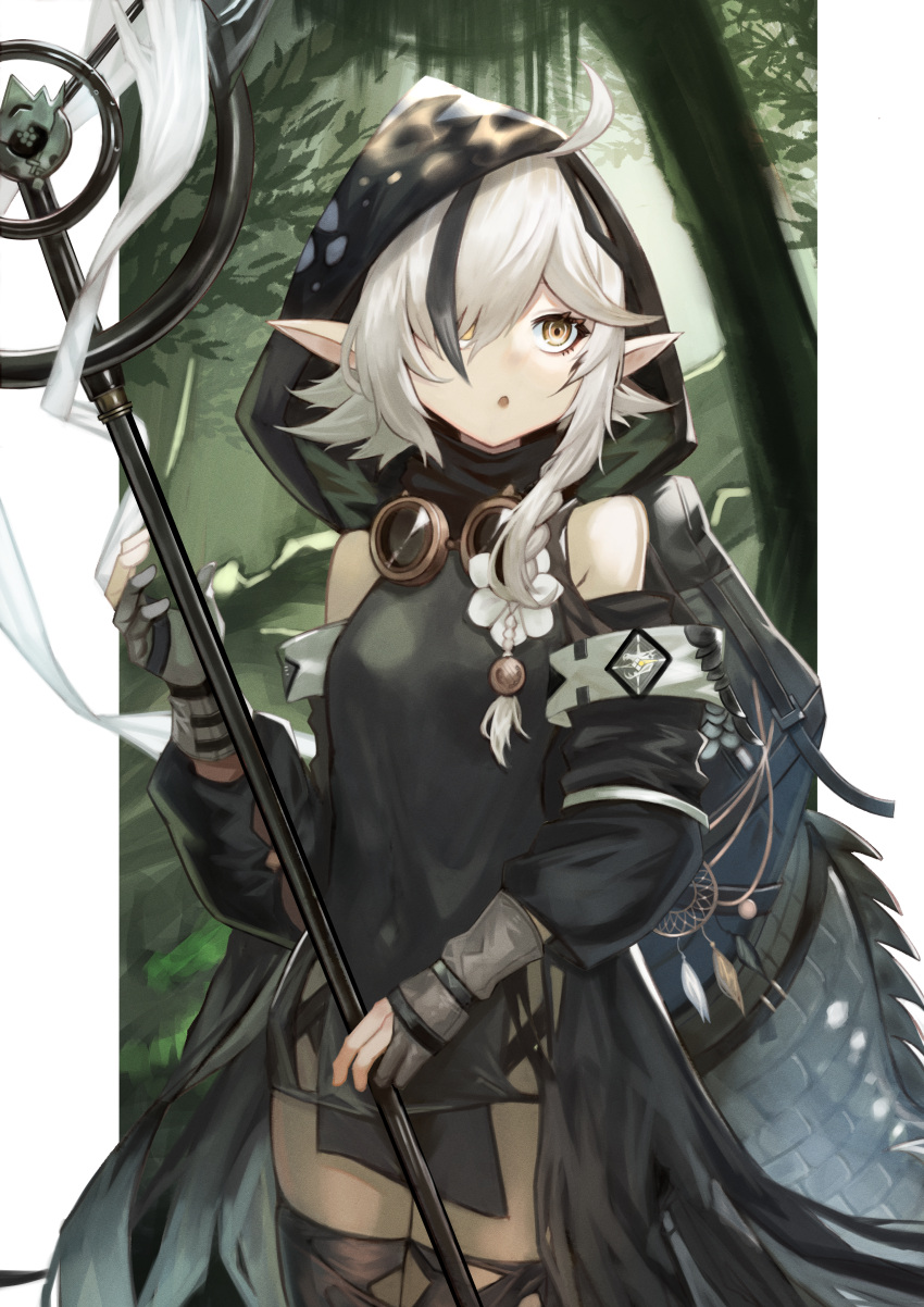 1girl, :o, absurdres, ahoge, arknights, bangs, bare_shoulders, black_hair