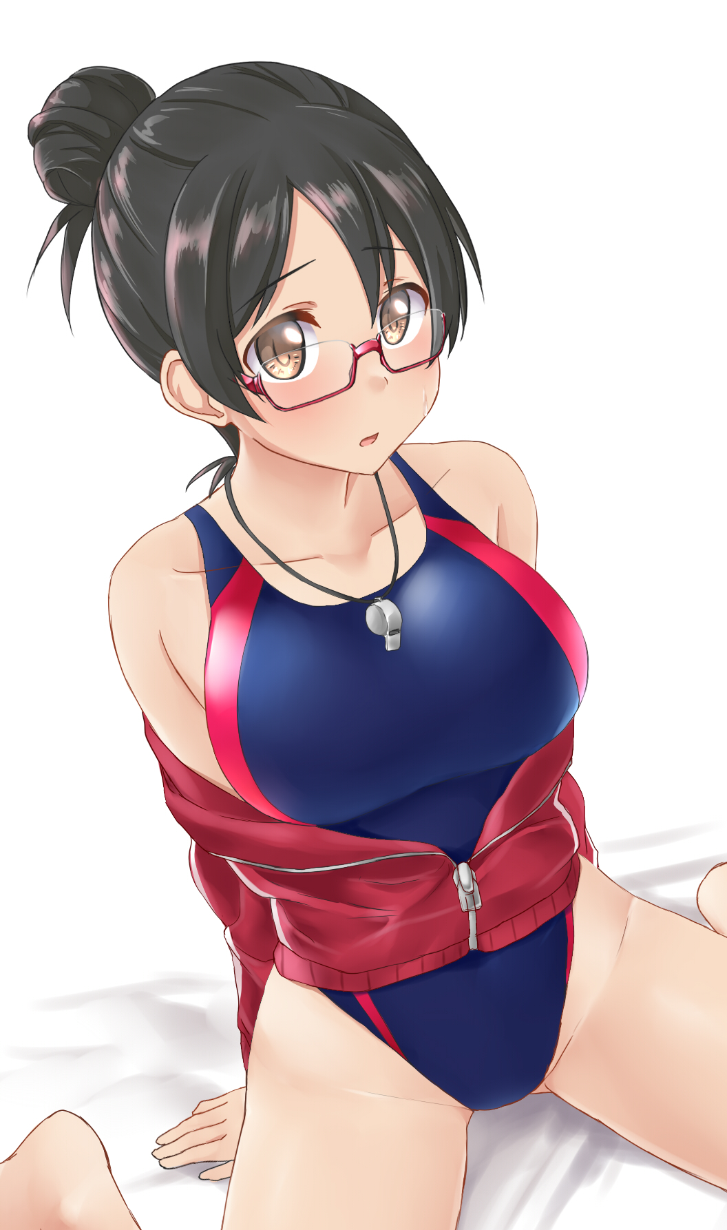 1girl, aimobake, bad_id, bad_twitter_id, bangs, bespectacled, black_hair, blue_swimsuit