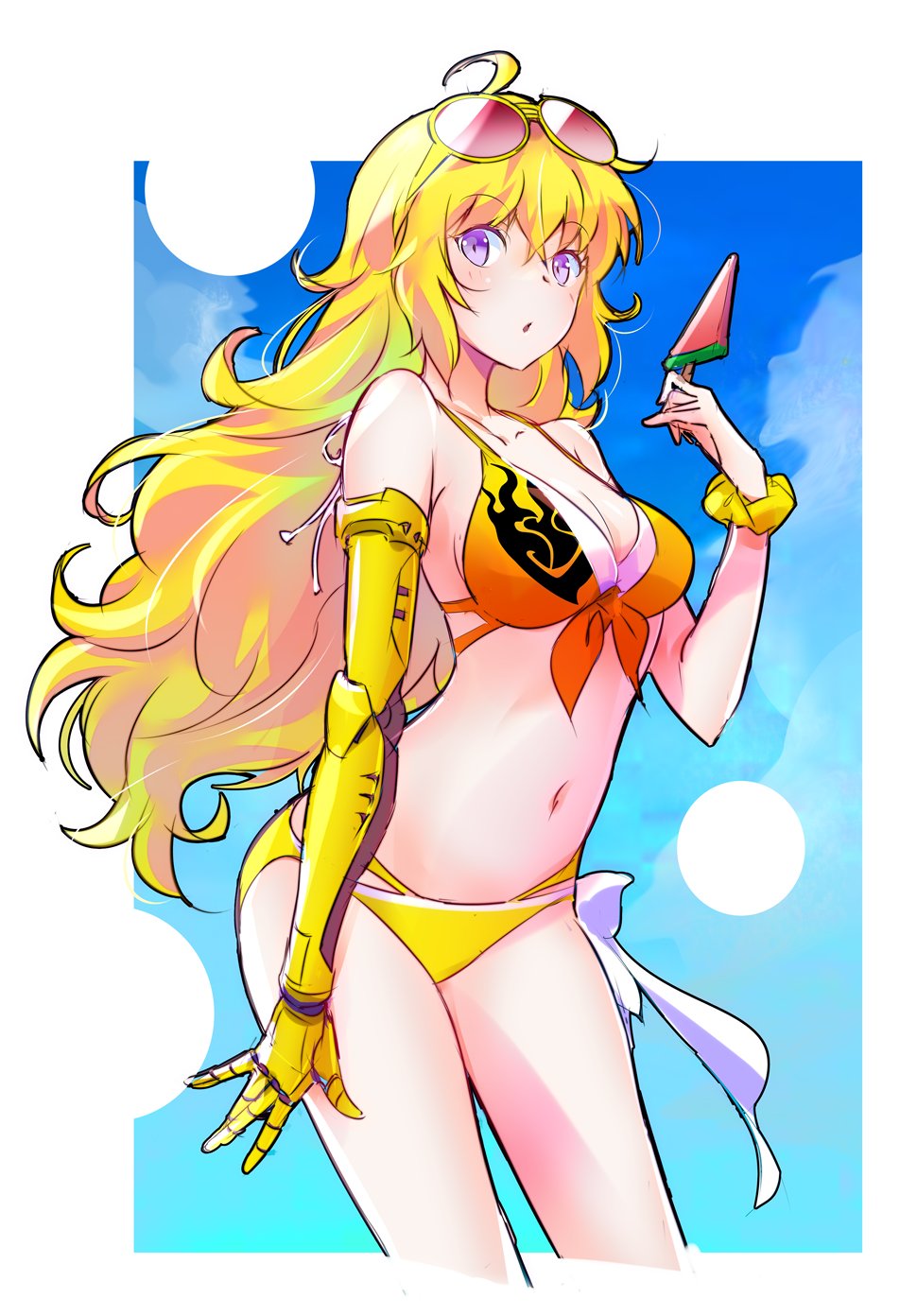 ahoge, bare_shoulders, bikini, blonde_hair, breasts, eyewear_on_head, food, highres