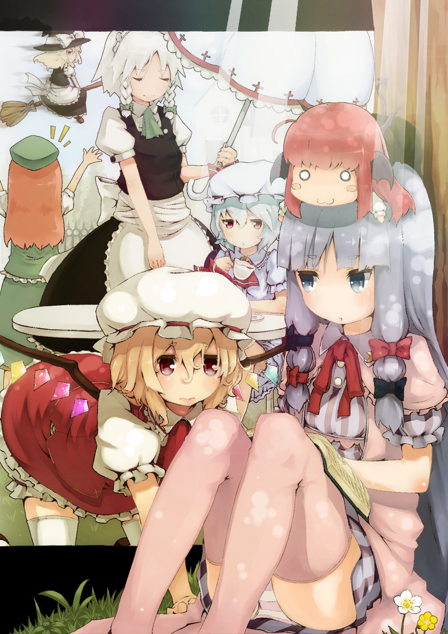 bad_id, broom, broom_riding, cup, dress, flandre_scarlet, flower, hair_ribbon