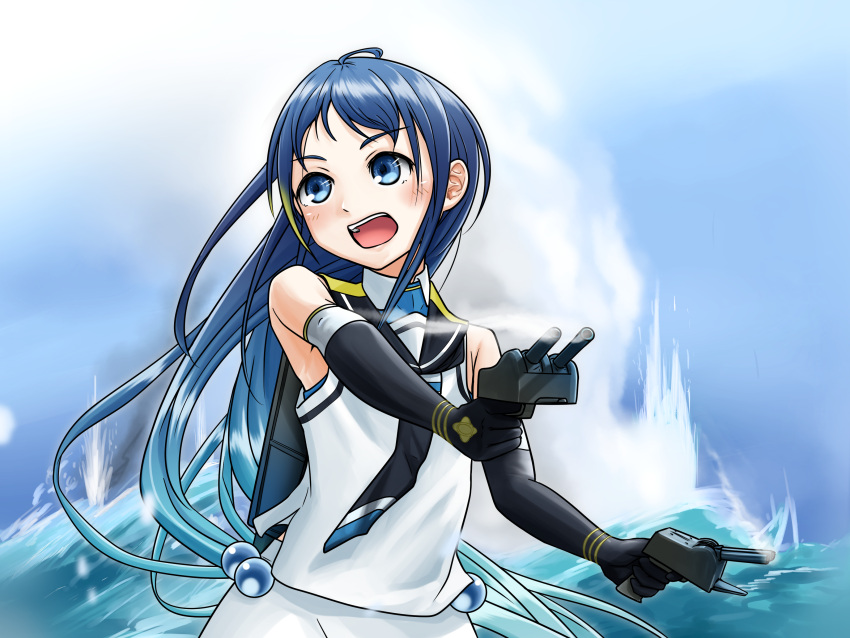absurdres, blue_eyes, blue_hair, blue_sky, dual_wielding, elbow_gloves, gloves, gun