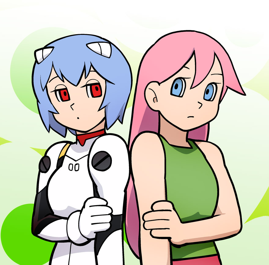 ayanami_rei, crossover, daichouhen_doraemon, doraemon, doraemon:_nobita_to_tetsujin_heidan, fujiko_f_fujio_(style), multiple_girls, neon_genesis_evangelion
