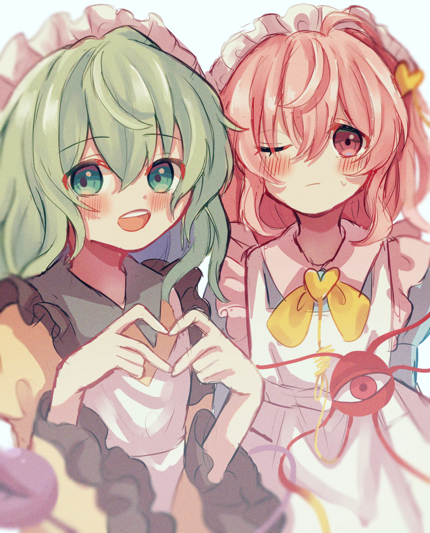 2girls, alternate_costume, apron, blouse, blue_blouse, blush, collared_shirt, dorowa_(drawerslove)