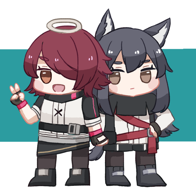 2girls, :d, animal_ear_fluff, animal_ears, arknights, bangs, black_capelet, black_footwear