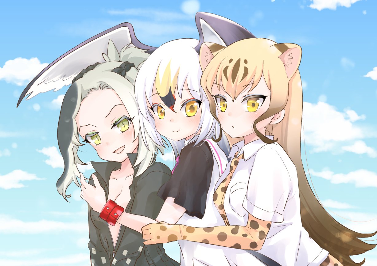 bird_girl, bird_wings, black-tailed_gull_(kemono_friends), black_hair, black_sleeves, blonde_hair, blush, bow