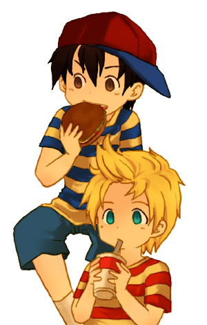 blonde_hair, blue_eyes, brown_eyes, crossover, drink, food, hat, lowres, lucas, mother_(game), mother_2, mother_3, ness, nintendo, super_smash_bros., watabou