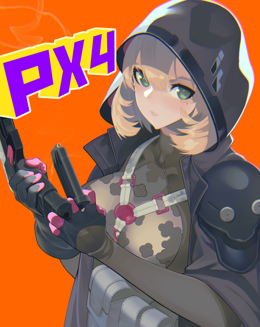 1girl, ammunition_pouch, bangs, beretta_px4, blonde_hair, breasts, character_name, commentary