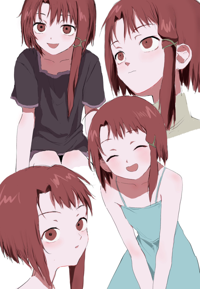 1girl, asymmetrical_hair, black_shirt, blue_dress, blush, brown_eyes, brown_hair, closed_eyes, closed_mouth, dress, fuyu_(wldnrowldnro), hair_ornament, hairclip, highres, iwakura_lain, looking_at_viewer, multiple_views, open_mouth, serial_experiments_lain, shirt, short_hair, simple_background, sleeveless, smile, t-shirt, upper_body, white_background, x_hair_ornament