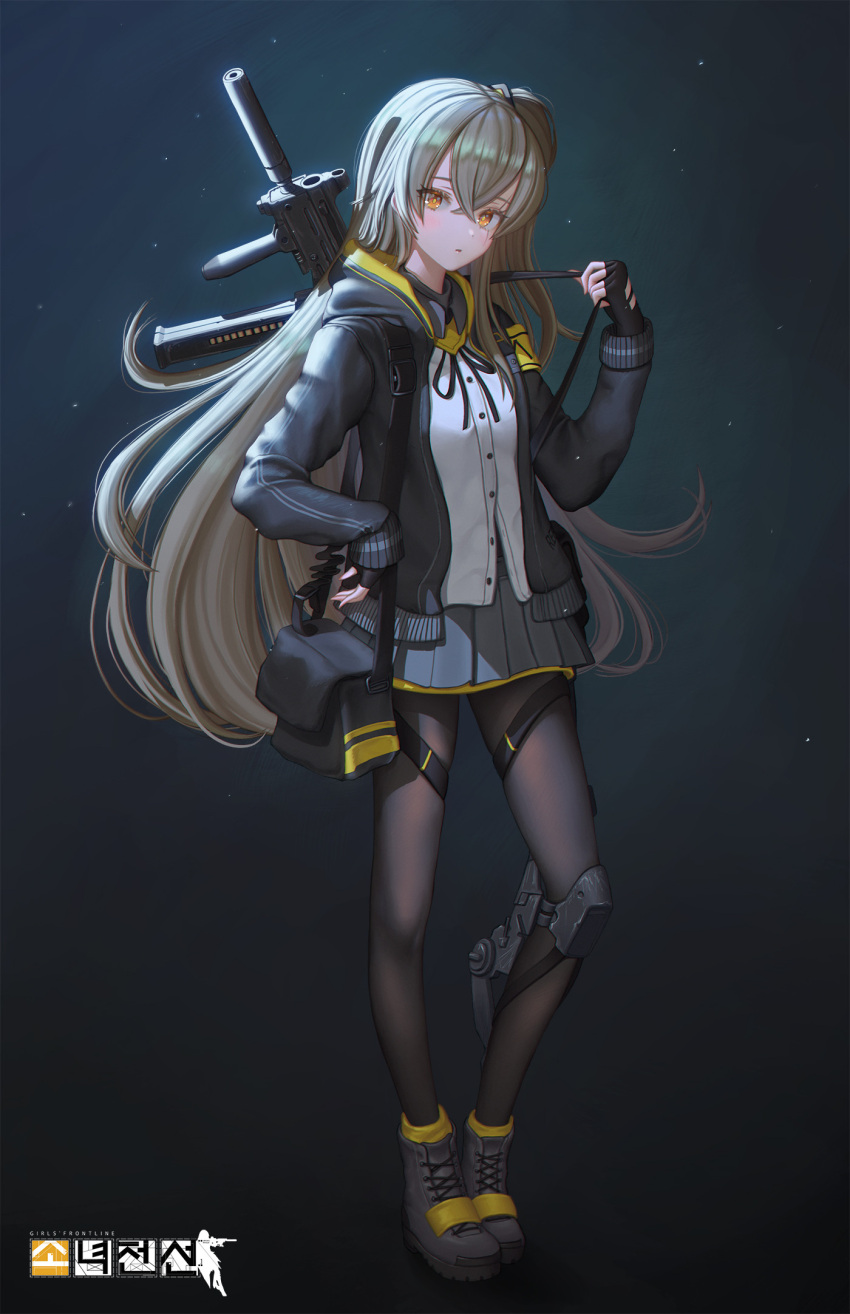 1girl, bag, black_gloves, black_hoodie, black_skirt, blush, brown_hair, commentary