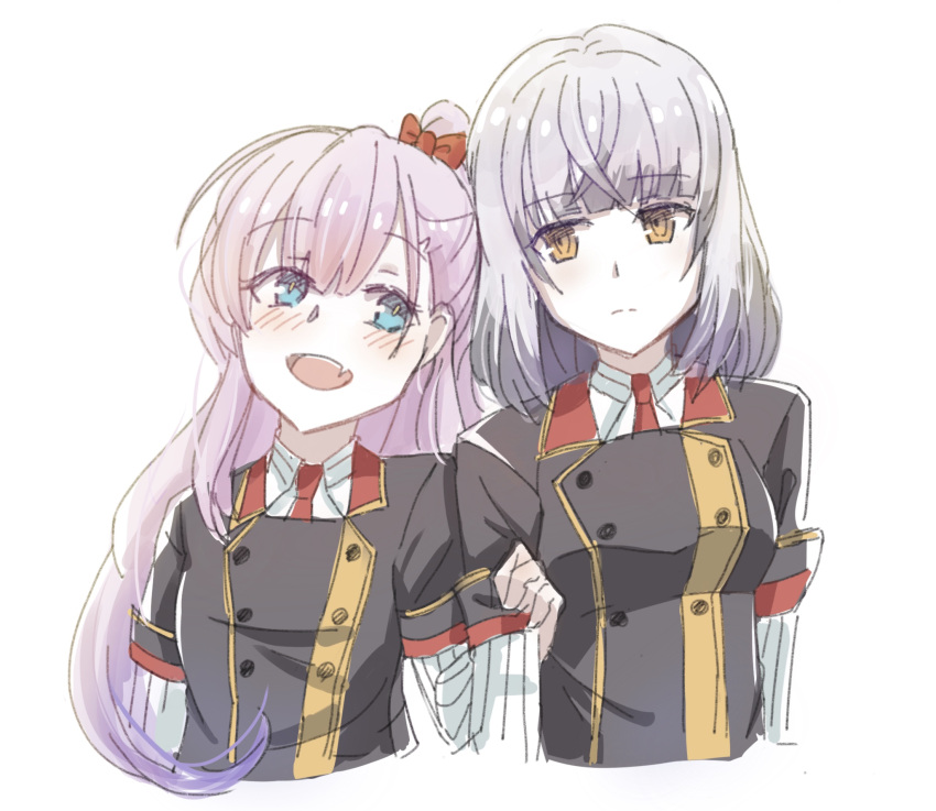2girls, auo123, blue_eyes, blush, bow, brown_eyes, closed_mouth, eyebrows_visible_through_hair, fang, grey_hair, highres, long_hair, looking_at_another, medium_hair, multiple_girls, open_mouth, ponytail, red_neckwear, satsuki_yomi, simple_background, skin_fang, sleeves_rolled_up, toji_no_miko, tongue, tsubakuro_yume, upper_body, white_background