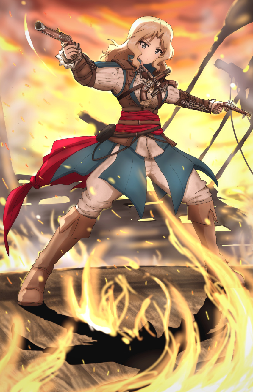 1girl, antique_firearm, assassin's_creed_(series), assassin's_creed_iv:_black_flag, blonde_hair, blue_eyes, blurry, blurry_background, boots, brown_footwear, bukkuri, clouds, cloudy_sky, commentary_request, cosplay, dual_wielding, edward_kenway, edward_kenway_(cosplay), fire, firelock, flame, flintlock, frilled_sleeves, frills, girls_und_panzer, gradient_sky, grey_jacket, gun, highres, holding, holding_gun, holding_weapon, jacket, kay_(girls_und_panzer), long_hair, long_sleeves, looking_at_viewer, orange_sky, parted_lips, pouch, red_sash, sash, shadow, sky, solo, standing, sunset, weapon, yellow_sky