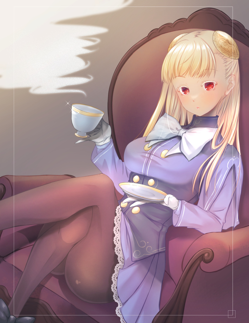 1girl, absurdres, albino, armchair, blonde_hair, brown_legwear, capcom_fighting_jam, chair, crossed_legs, cup, gloves, hairpods, highres, ingrid_(capcom), jacket, lace-trimmed_skirt, lace_trim, long_hair, pantyhose, pondack, purple_jacket, purple_skirt, red_eyes, saucer, skirt, solo, sparkle, steam, teacup, white_gloves