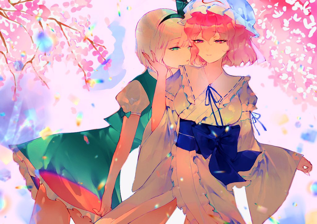 2girls, backlighting, bangs, black_hairband, black_ribbon, blue_headwear, blue_kimono, blue_ribbon, blurry, bob_cut, bow, breasts, charu_(mmg_g99), cherry_blossoms, chromatic_aberration, closed_mouth, commentary_request, contrapposto, cowboy_shot, depth_of_field, eyebrows_visible_through_hair, frills, green_bow, green_eyes, green_skirt, green_vest, hair_between_eyes, hair_ribbon, hairband, half-closed_eyes, hand_on_another's_cheek, hand_on_another's_face, hat, japanese_clothes, kimono, konpaku_youmu, large_breasts, leaning_forward, lens_flare, light_smile, looking_at_another, mob_cap, multiple_girls, outdoors, petticoat, pink_eyes, pink_hair, puffy_short_sleeves, puffy_sleeves, ribbon, saigyouji_yuyuko, short_hair, short_sleeves, silver_hair, skirt, skirt_set, touhou, vest, yuri