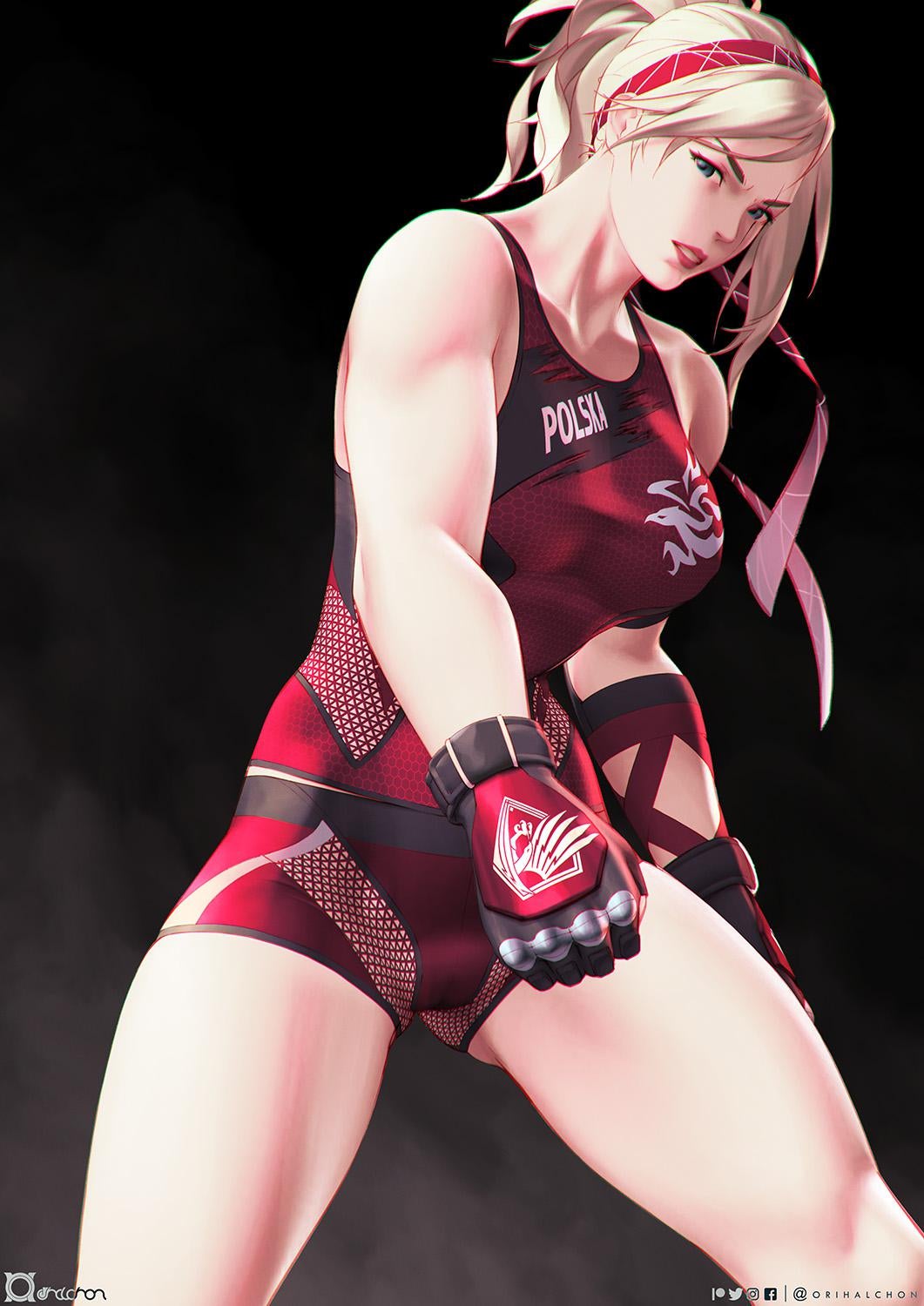 1girl, artist_name, belt, black_belt, black_gloves, blonde_hair, blue_eyes, breasts