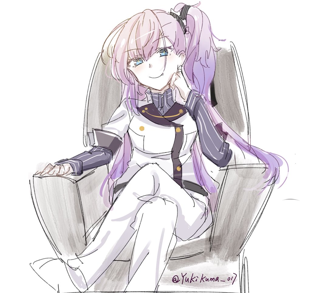 1girl, auo123, blue_eyes, blush, chair, closed_mouth, crossed_legs, eyebrows_visible_through_hair