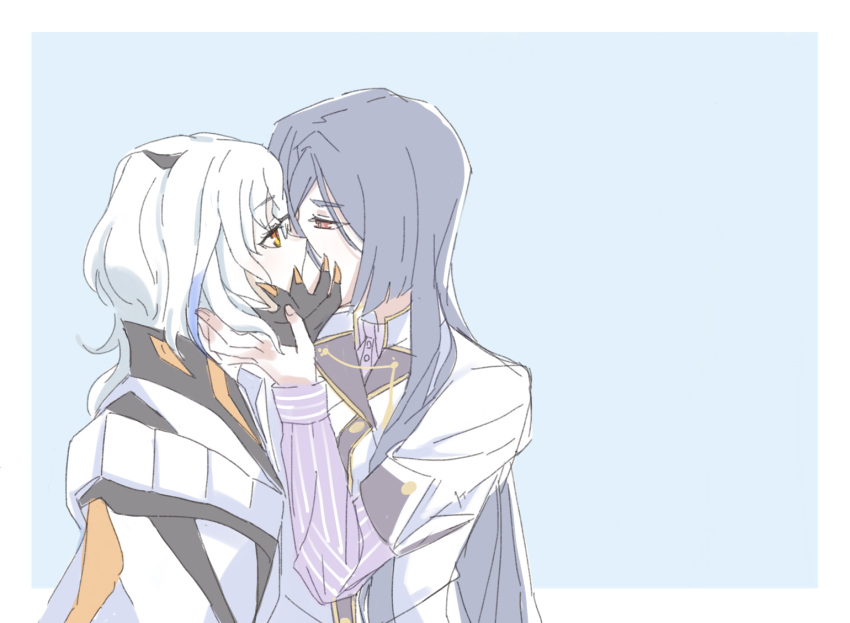 2girls, auo123, blue_background, blue_hair, border, eyebrows_visible_through_hair, fingernails, half-closed_eyes, hand_on_another's_face, kiss, long_hair, looking_at_another, multicolored, multicolored_hair, multiple_girls, origami_yukari, red_eyes, simple_background, sketch, streaked_hair, striped, striped_clothes, toji_no_miko, upper_body, white_border, white_hair, yellow_eyes, yuri