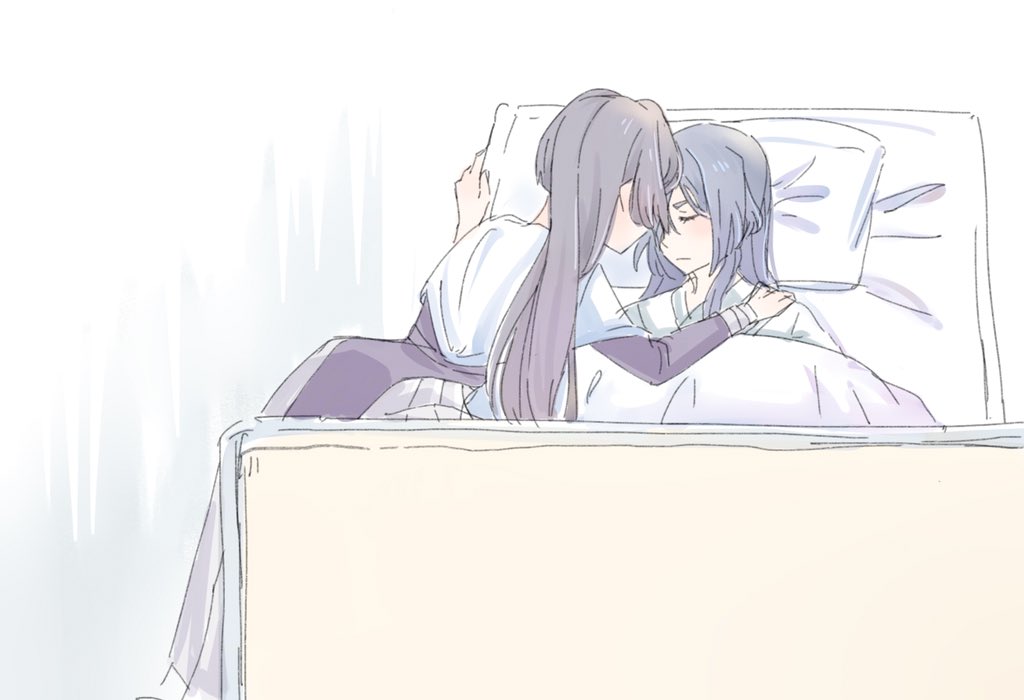 2girls, auo123, bed, blanket, blush, brown_hair, closed_eyes, closed_mouth