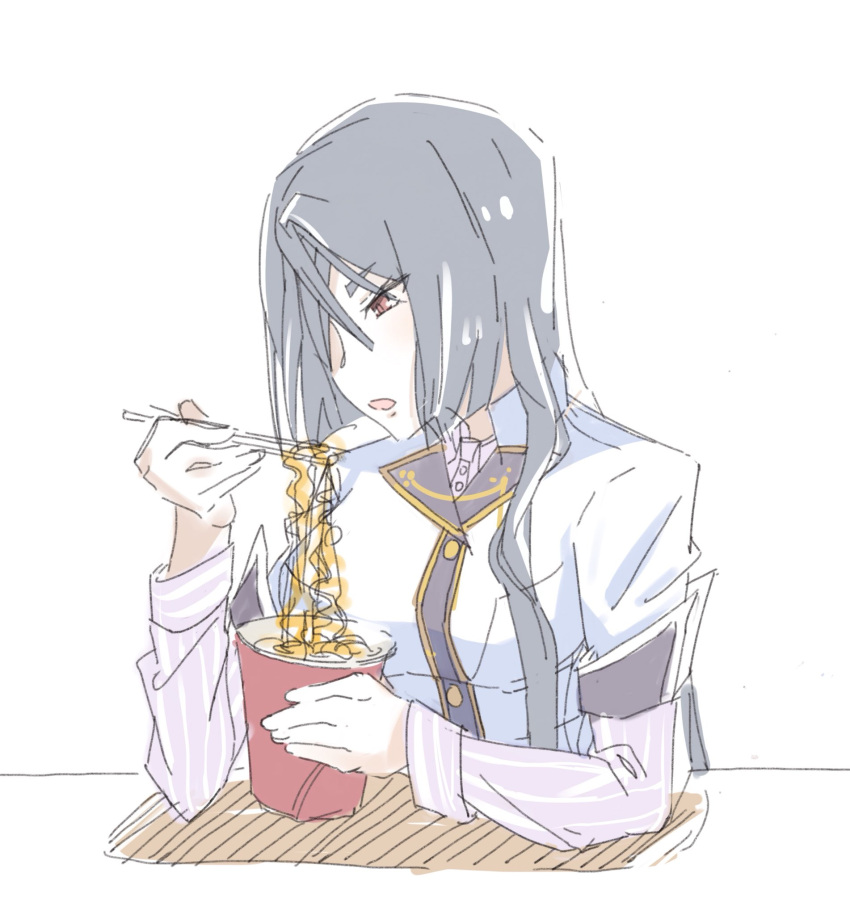 1girl, auo123, brown_hair, chopsticks, eating, eyebrows_visible_through_hair, eyes_visible_through_hair, food
