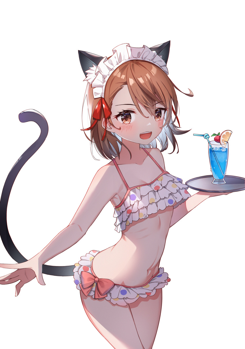 1girl, absurdres, animal_ears, asymmetrical_bangs, bangs, bikini, bikini_skirt, blush, bow, breasts, brown_eyes, brown_hair, cat_ears, cat_tail, collarbone, cowboy_shot, crazy_straw, drinking_straw, frilled_bikini, frills, highres, looking_at_viewer, maid_headdress, medium_hair, misaka_mikoto, mushi_(1756559585), navel, open_mouth, polka_dot, polka_dot_bikini, simple_background, solo, stomach, swimsuit, tail, toaru_majutsu_no_index, tray, tropical_drink, under_boob, white_background, white_bikini