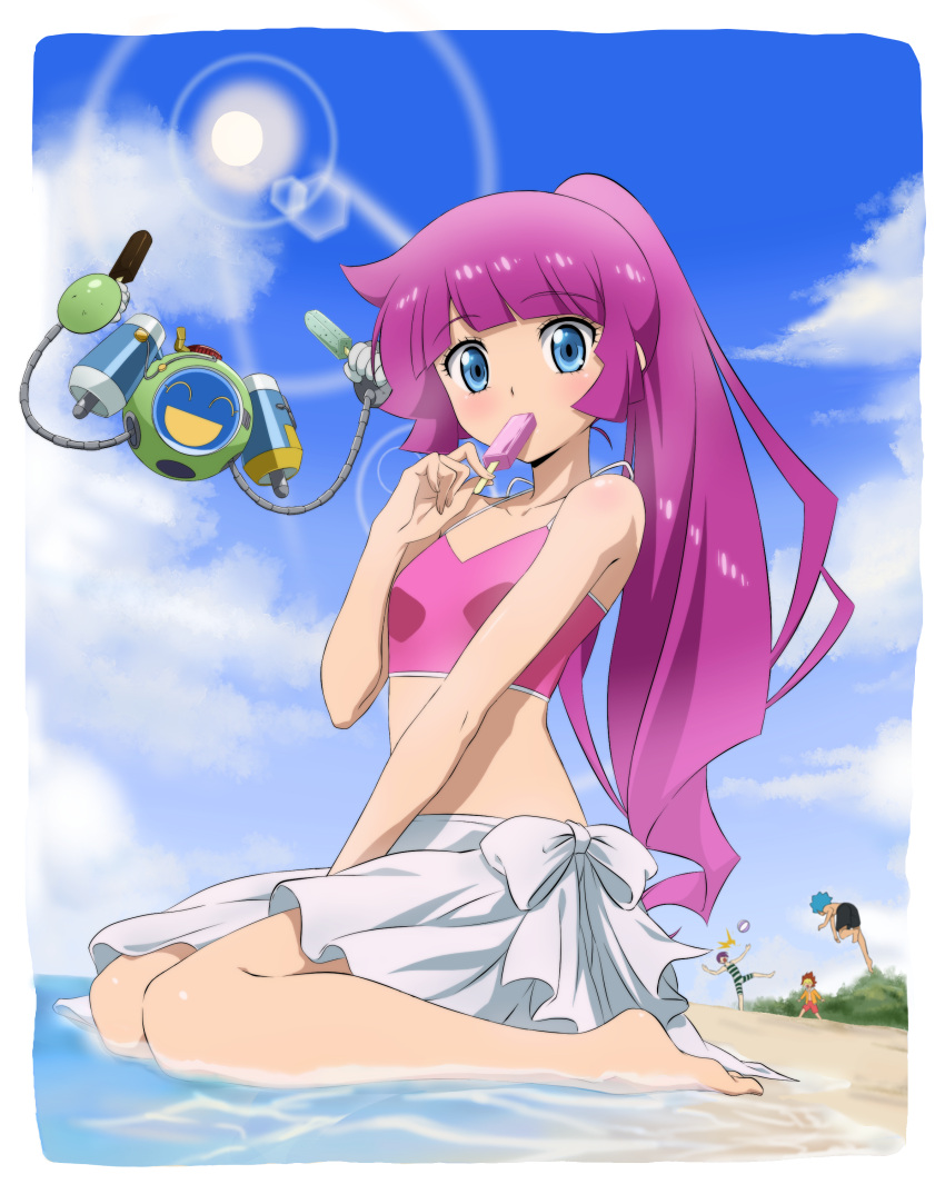 1girl, absurdres, beach, blue_eyes, blue_sky, breasts, clouds, commentary, food, highres, hiroki_(vvkagerouvvr2), kaizou_(yu-gi-oh!_sevens), kamijou_tatsuhisa, kirishima_romin, long_hair, looking_at_viewer, oudou_yuga, palm_tree, pink_shirt, popsicle, purple_hair, red_skirt, shirt, skirt, sky, small_breasts, solo_focus, sougetsu_gakuto, tree, very_long_hair, yu-gi-oh!, yu-gi-oh!_sevens