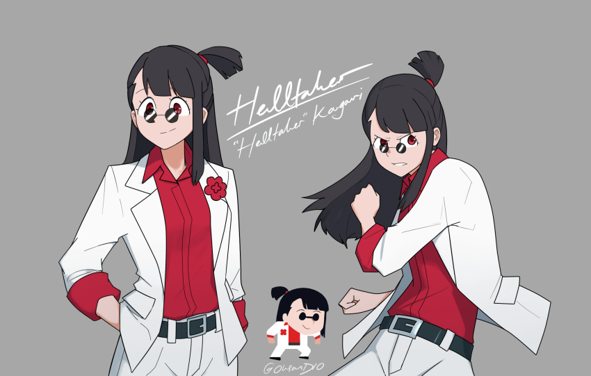 1girl, asymmetrical_hair, bangs, belt, belt_buckle, black_hair, blazer, blunt_bangs