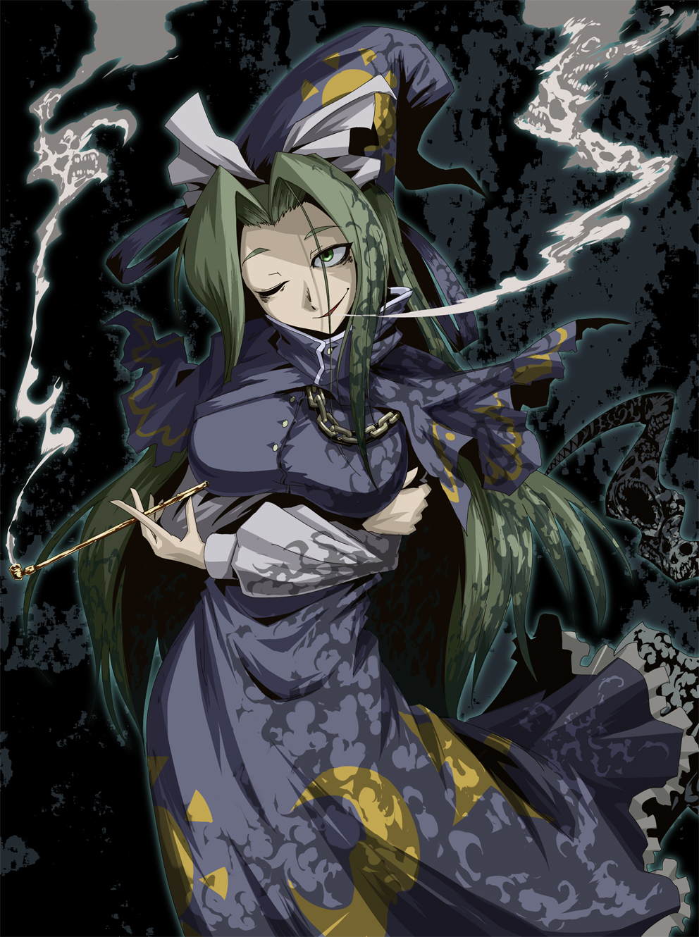 green_hair, hat, hellshock, highres, long_hair, mima, ribbon, smoking, touhou, wizard_hat