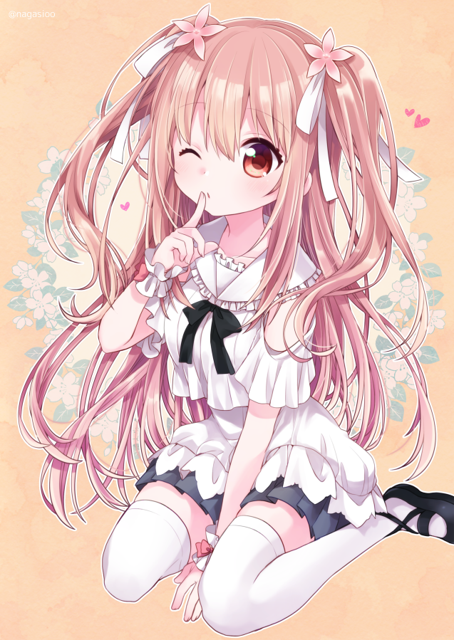 1girl, bangs, black_footwear, blush, commission, eyebrows_visible_through_hair, finger_to_mouth, flower