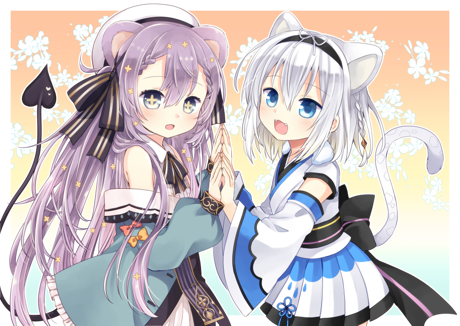 +_+, 2girls, animal_ears, bangs, black_ribbon, blue_eyes, braid, commission, detached_sleeves, fangs, fur_trim, hair_between_eyes, hair_ribbon, hand_to_hand, hat, japanese_clothes, kohaku_nene, la_peche_party, long_hair, long_sleeves, medium_hair, multiple_girls, nagasioo, neck_ribbon, off_shoulder, open_mouth, palms_together, purple_hair, ribbon, shizuki_tsumiki, side_braid, simple_background, skeb_commission, tail, virtual_youtuber, white_hair, wide_sleeves