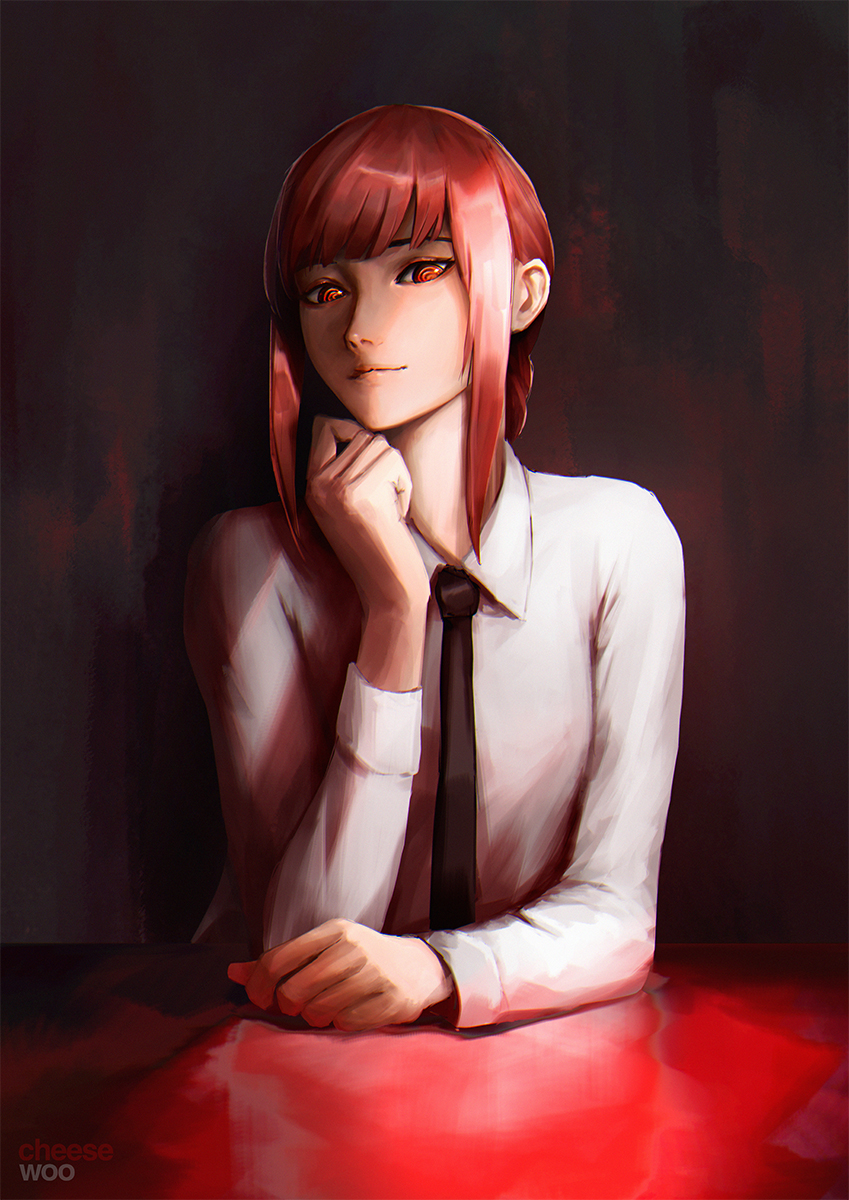 1girl, artist_name, bangs, chainsaw_man, cheesewoo, closed_mouth, collared_shirt, elbow_rest