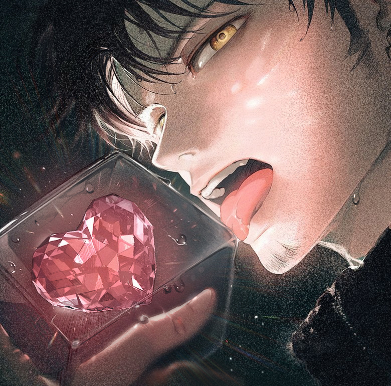 1boy, black_hair, brown_eyes, close-up, face, gem, glowing, goggles, heart, licking, long_sideburns, looking_at_viewer, male_focus, one_piece, runa_(artist), saliva, short_hair, sideburns, solo, stubbe, tongue, tongue_out, trafalgar_law