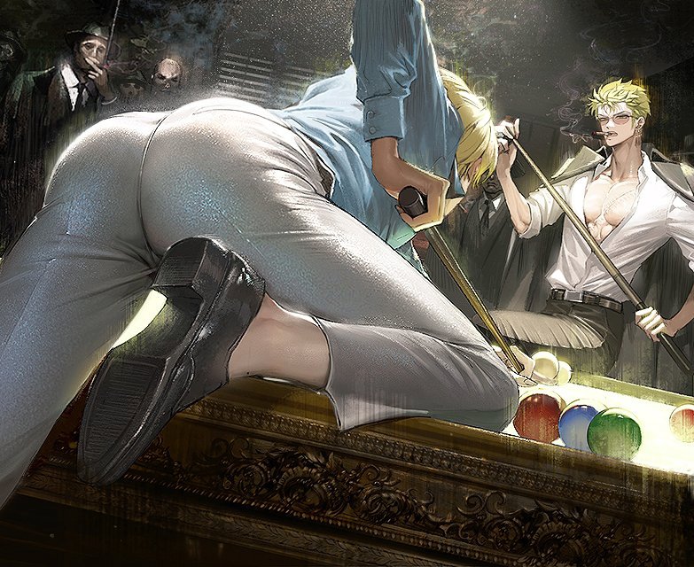 5boys, alternate_costume, aqua_shirt, ass, billiards, blonde_hair, character_request, cigarette