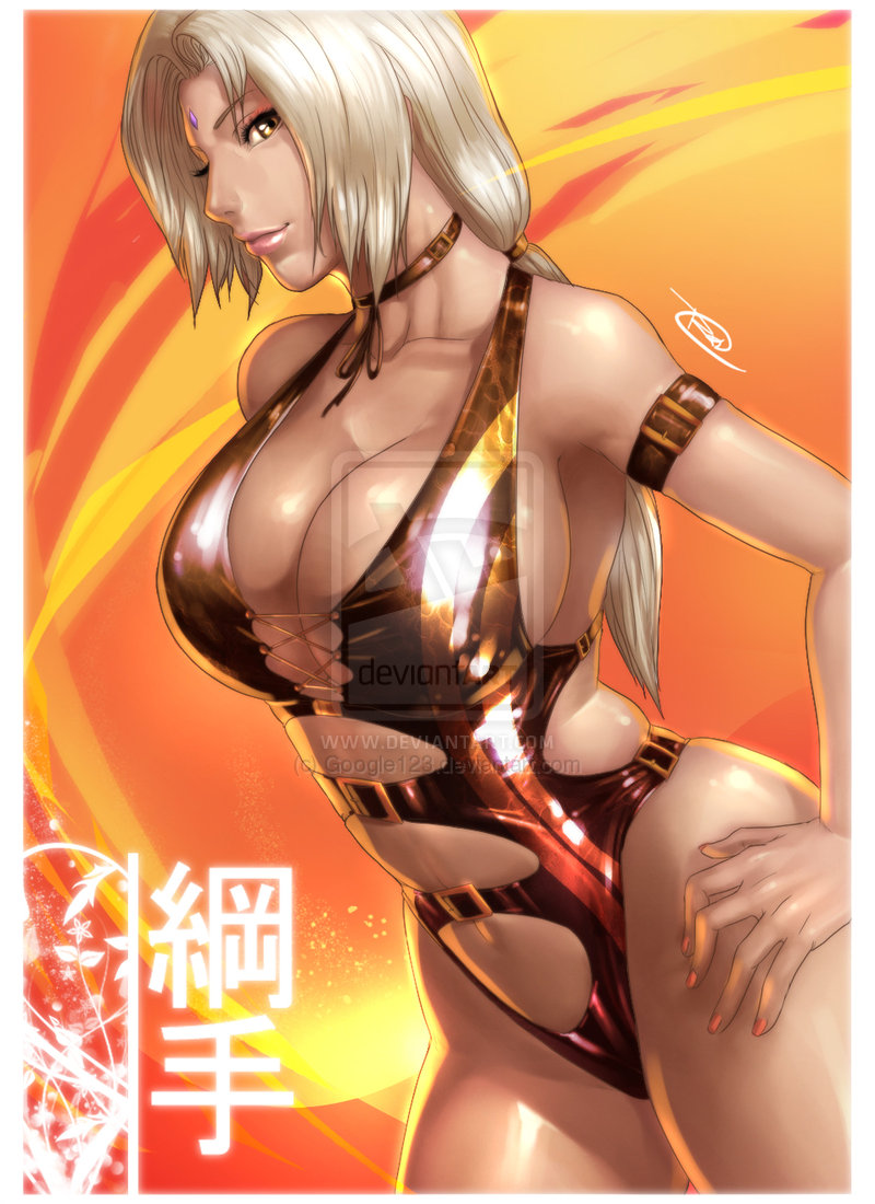 armpit, blonde_hair, breasts, copyright, deviantart, google123, large_breasts, lipstick, naruto, smile, swimsuit, tsunade, watermark, yellow_eyes