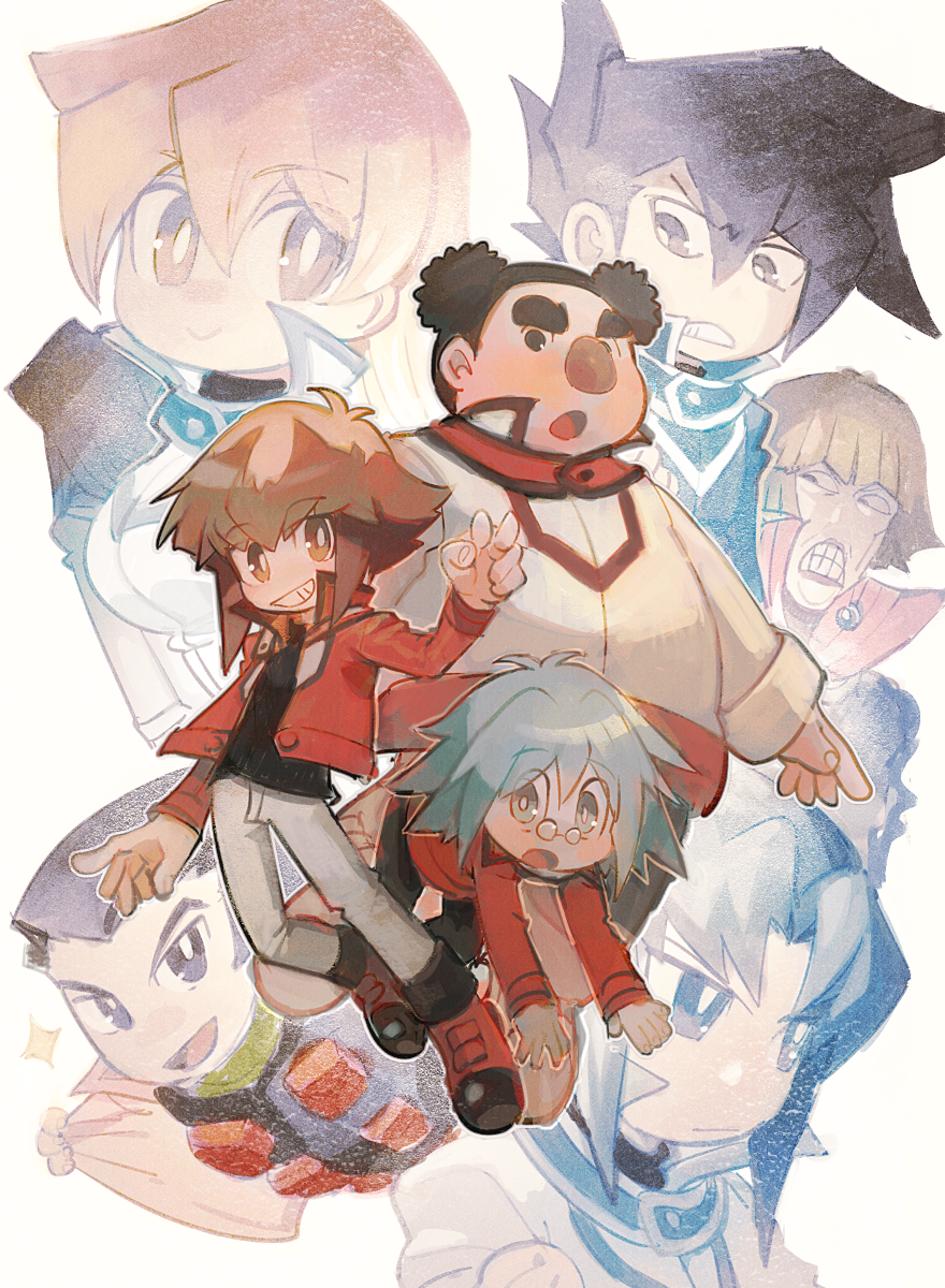 1girl, 6+boys, aoki_(fumomo), aqua_hair, bangs, big_nose, black_hair, black_shirt