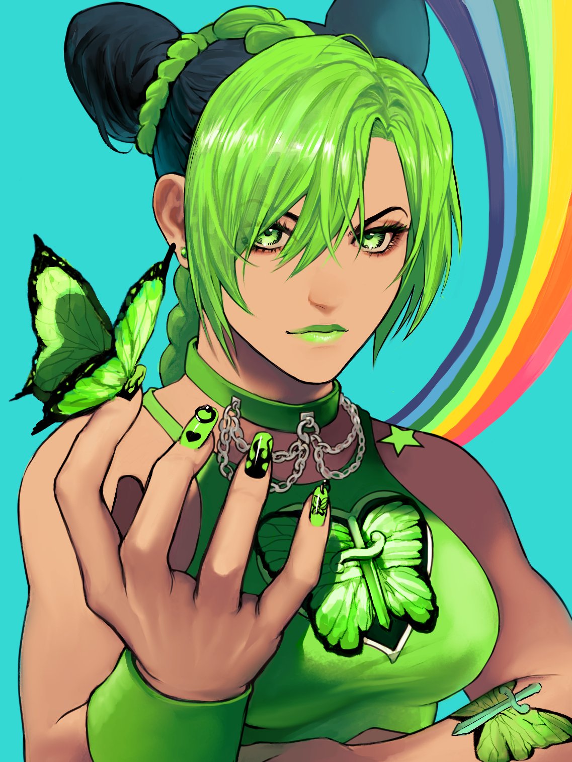 1girl, bare_shoulders, black_hair, blue_background, braid, braided_ponytail, bug, butterfly, butterfly_on_finger, chain, choker, closed_mouth, double_bun, ear_piercing, eyebrows_visible_through_hair, eyelashes, eyes_visible_through_hair, fingernails, green_choker, green_eyes, green_hair, green_lips, green_nails, green_tank_top, hair_between_eyes, hand_up, highres, insect, jojo_no_kimyou_na_bouken, kujo_jolyne, kzknmkz, lips, lipstick, looking_at_viewer, makeup, multicolored_hair, nail_art, piercing, portrait, rainbow, reaching_out, simple_background, solo, stone_ocean, tank_top, tattoo, two-tone_hair, upper_body, wristband