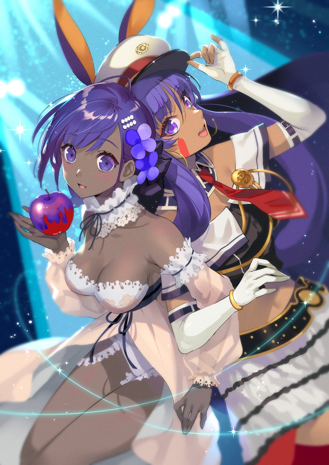 2girls, animal_ears, breasts, dark-skinned_female, dark_skin, earrings, elbow_gloves, facial_mark