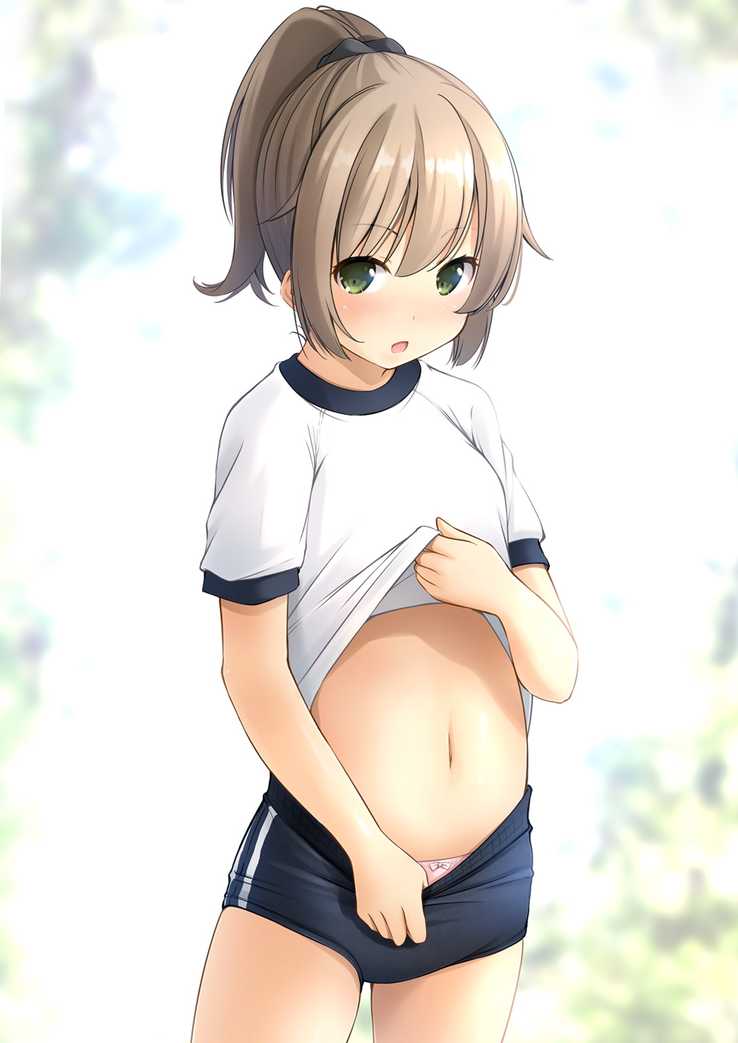 1girl, bangs, black_buruma, blurry, blurry_background, brown_hair, buruma, buruma_pull