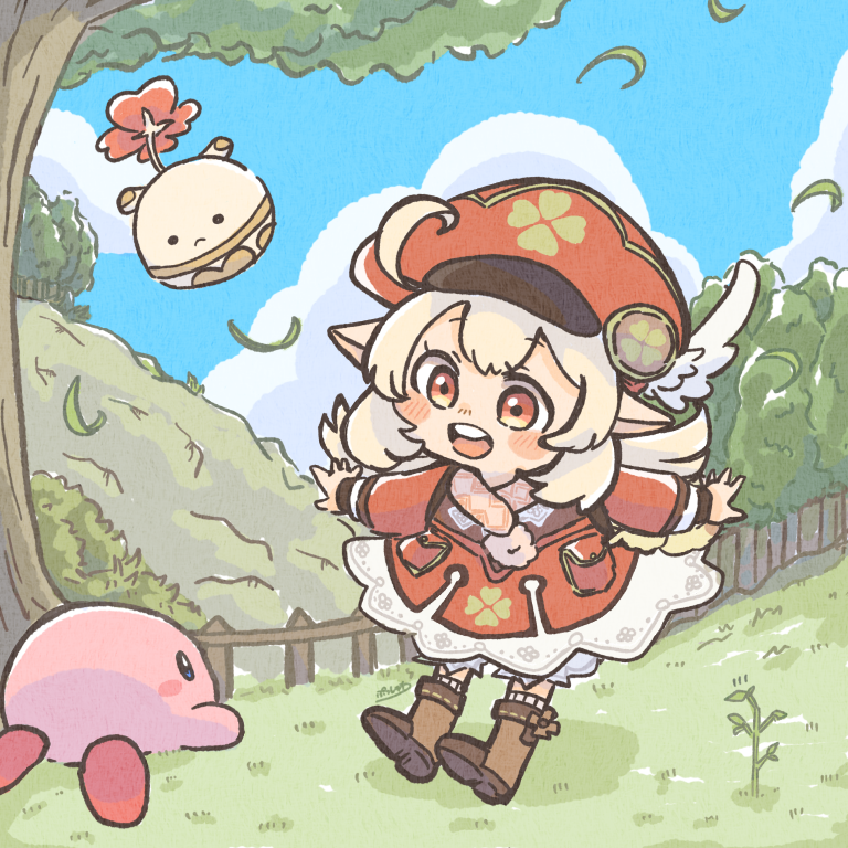 1girl, 1other, :d, ahoge, backpack, bag, bag_charm, bangs, bloomers, blue_sky, blush_stickers, boots, brown_footwear, brown_scarf, cabbie_hat, charm_(object), chibi, clouds, cloudy_sky, clover_print, coat, commentary_request, crossover, dodoco_(genshin_impact), eyebrows_visible_through_hair, full_body, genshin_impact, grass, hair_between_eyes, hat, hat_feather, hat_ornament, jumpy_dumpty, kirby, kirby_(series), klee_(genshin_impact), knee_boots, kneehighs, light_brown_hair, long_hair, long_sleeves, looking_at_another, low_twintails, no_gloves, open_mouth, orange_eyes, outstretched_arms, pocket, pointy_ears, pusshwa, red_coat, red_headwear, scarf, sidelocks, sky, smile, spread_arms, tree, twintails, underwear