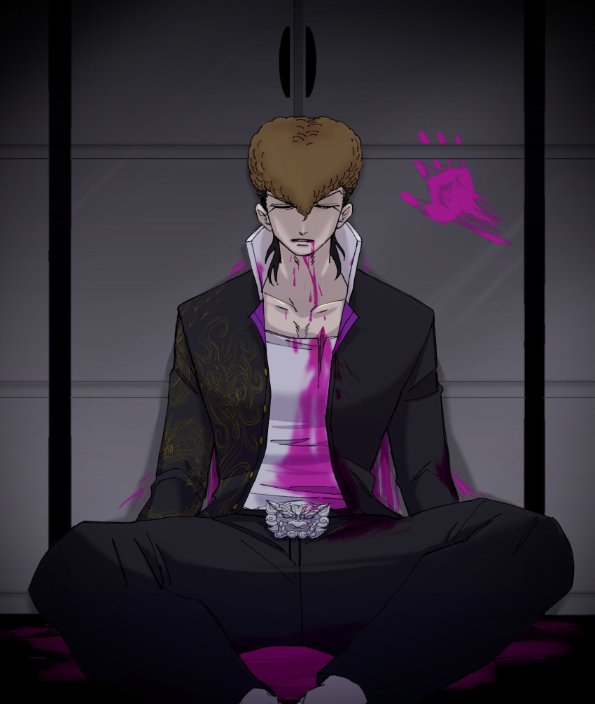 1boy, bangs, belt_buckle, black_coat, black_pants, blood, blood_from_mouth, bloody_clothes