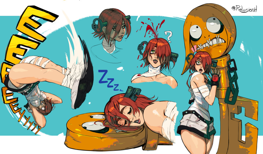 1girl, a.b.a, absurdres, bandages, blood, chain, character_sheet, fingerless_gloves, gloves, green_eyes, guilty_gear, guilty_gear_xx, highres, key, key_in_head, paracelsus, portrait, redhead, relusionh, short_hair, sleeping, stitched_mouth, stitches, surprised