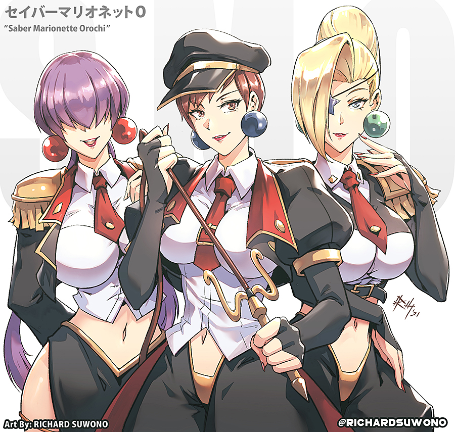 3girls, blonde_hair, breasts, bridal_gauntlets, cosplay, eyepatch, hair_over_eyes, hair_over_one_eye