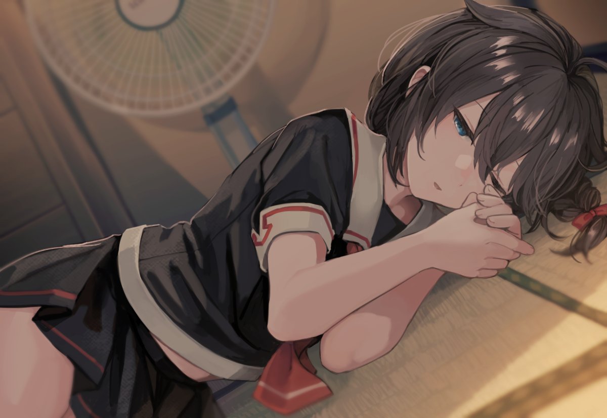1girl, ahoge, bangs, black_serafuku, black_skirt, blue_eyes, braid, brown_hair
