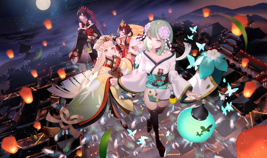 4girls, absurdres, aoandon, architecture, bangs, black_hair, blonde_hair, breasts