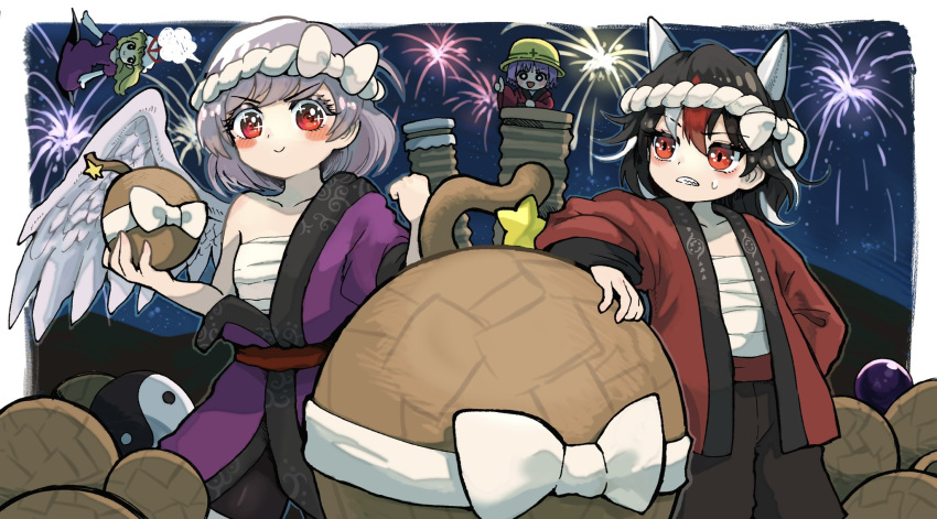 4girls, black_hair, black_legwear, black_pants, blonde_hair, blush, bomb, bow